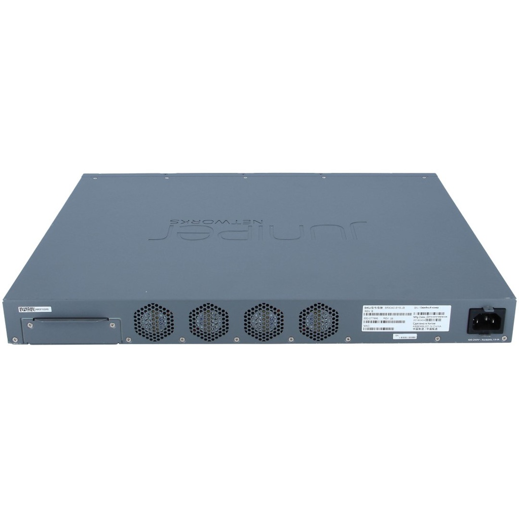 Juniper SRX340 Firewalls include hardware (16GbE, 4x MPIM slots, 4G RAM, 8G Flash, power supply, cable and RMK) and Junos Software Base (firewall, NAT, IPSec, routing, MPLS and switching)