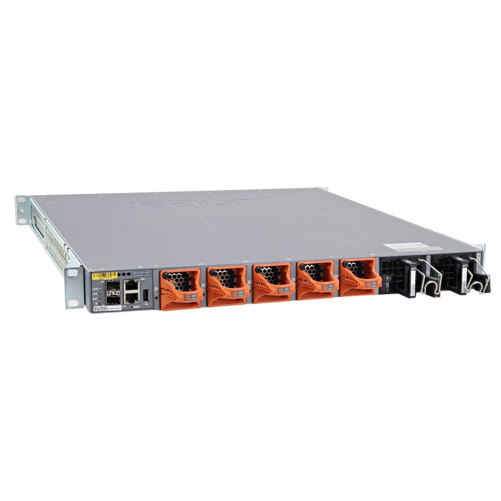 Juniper QFX5100, 48 100M/1G/10G RJ-45 ports, 6 QSFP ports, redundant fans, redundant AC power supplies, built-in port-to-PSU airflow