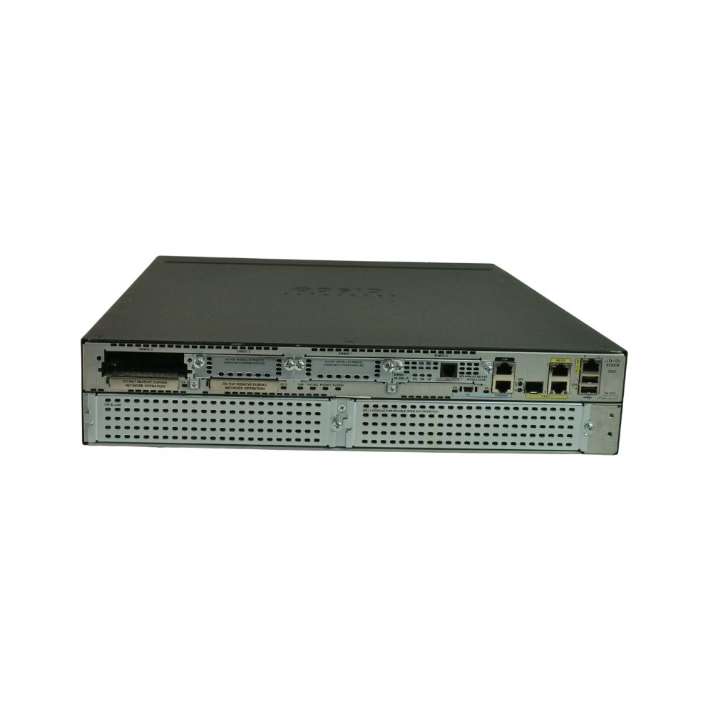 Cisco 2921 ISR with 3 onboard GE, 4 EHWIC slots, 3 DSP slots, 1 ISM slot, 256MB CF default, 512MB DRAM default, IP Base