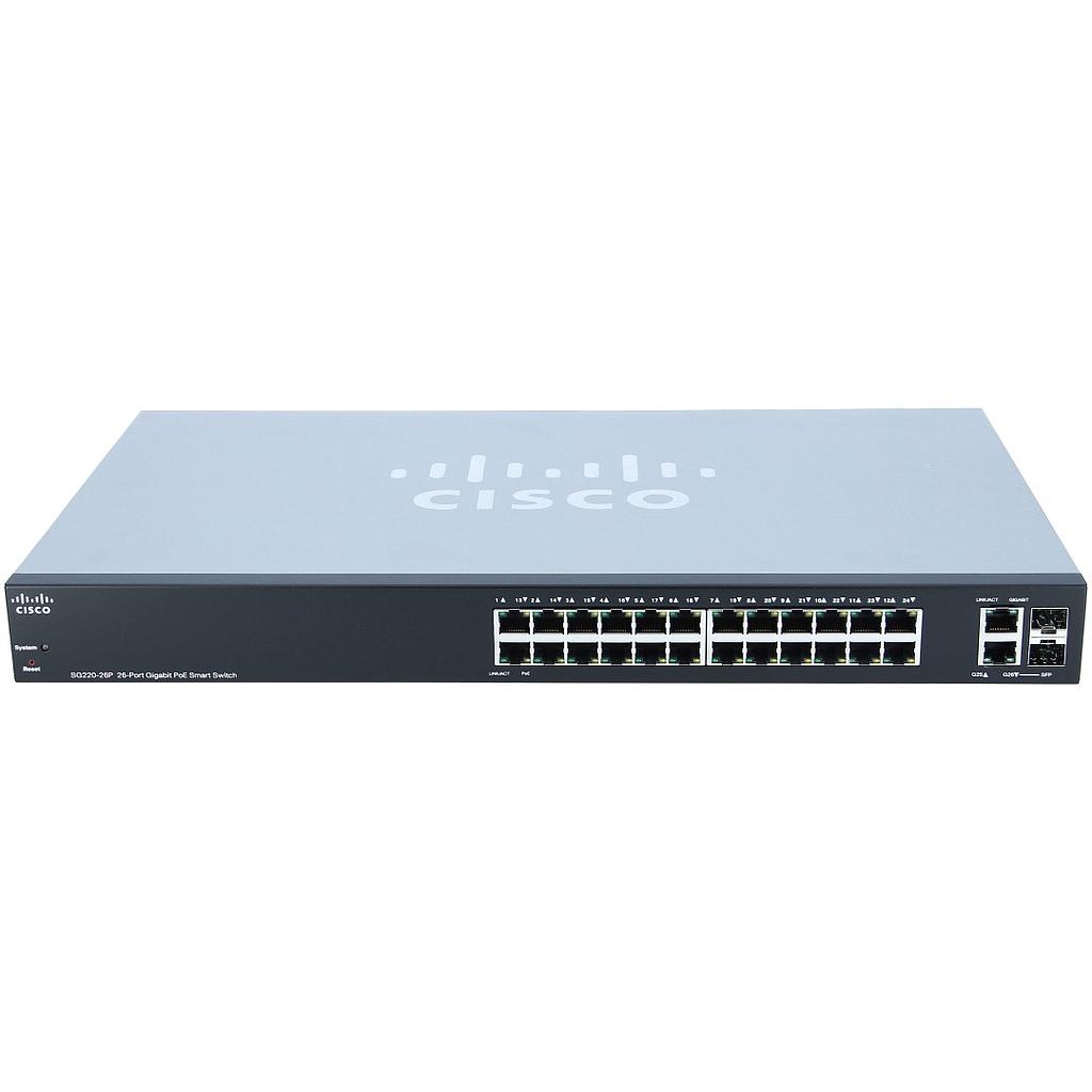 Cisco Small Business 220 Series SG220-26P Smart Switch, 24-Port 10/100/1000 PoE+ with 180W power budget & 2 Gigabit RJ45/SFP combo ports