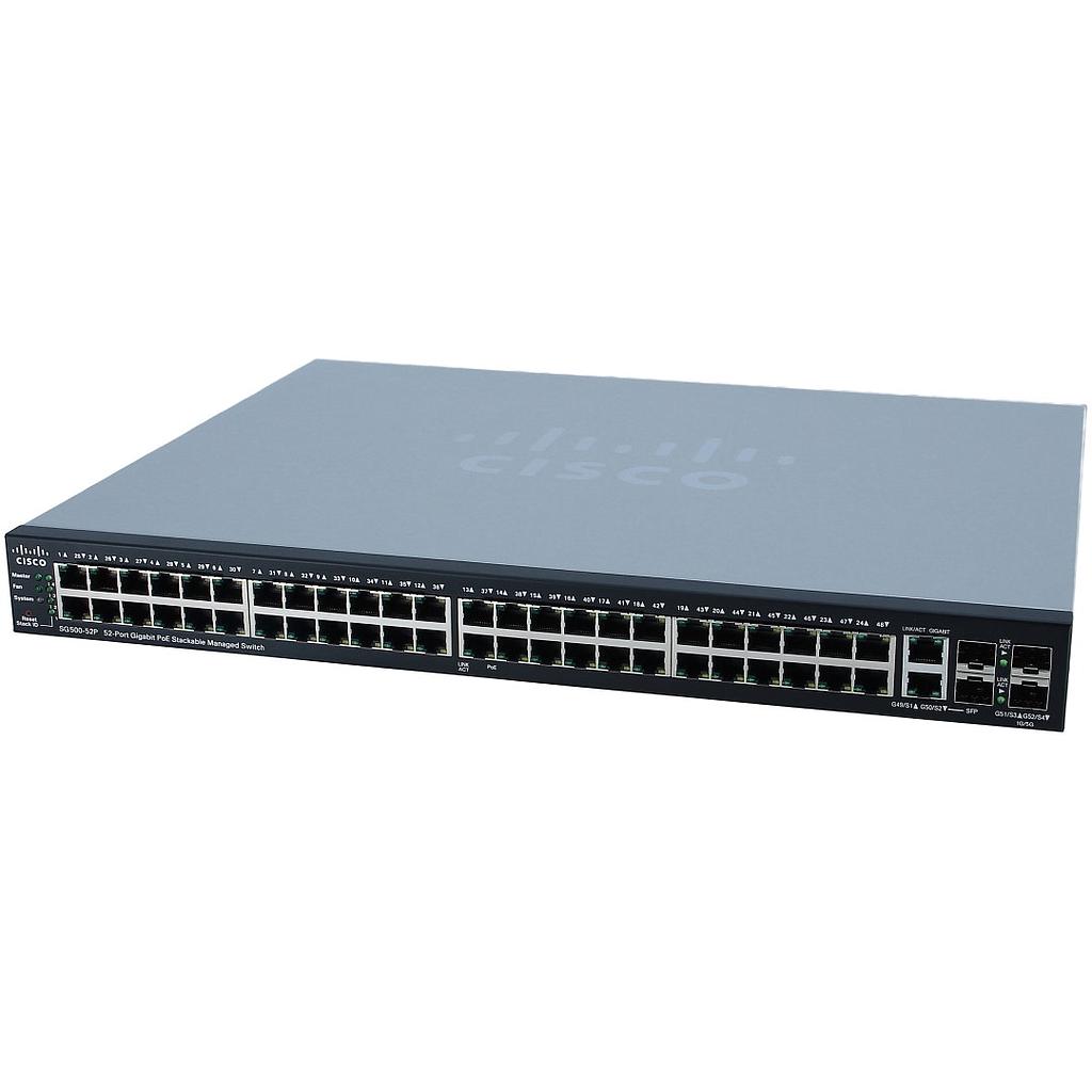 Cisco Small Business 500 Series SG500-52P Stackable Managed Switch, 48-Port 10/100/1000 PoE+ with 375W power budget & 4 Gigabit Ethernet (2 combo RJ45/SFP & 2 SFP) ports