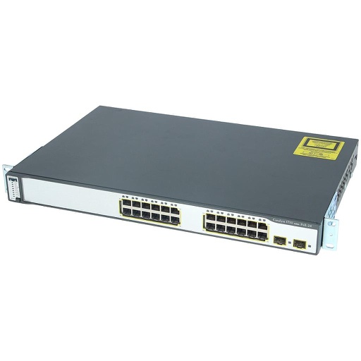 [WS-C3750-24PS-S] Cisco Catalyst 3750 Stackable 24 10/100 Gigabit Ethernet PoE ports & 2 1GbE SFP-based Uplink ports, IP Base software