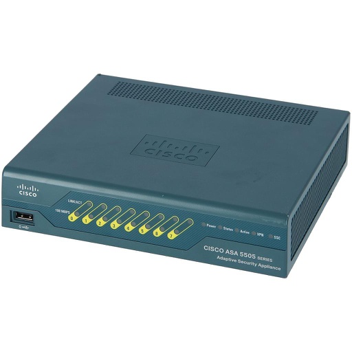 [ASA5505-SEC-BUN-K9] Cisco ASA 5505 Unlimited-User Security Plus Bundle includes 8-port Fast Ethernet switch, 25 IPsec VPN peers, 2 SSL VPN peers, DMZ, stateless Active/Standby high availability, 3DES/AES license