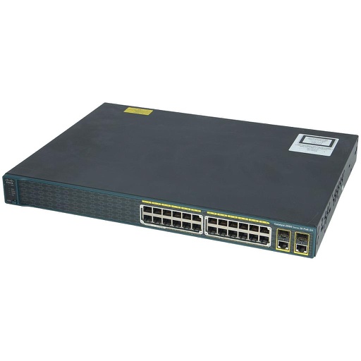 [WS-C2960-24PC-S] Cisco Catalyst 2960 24 Ethernet 10/100 PoE ports and 2 dual-purpose uplinks (each dual-purpose uplink port has 1 10/100/1000 Ethernet port and 1 SFP-based Gigabit Ethernet port, 1 port active), LAN Lite Image