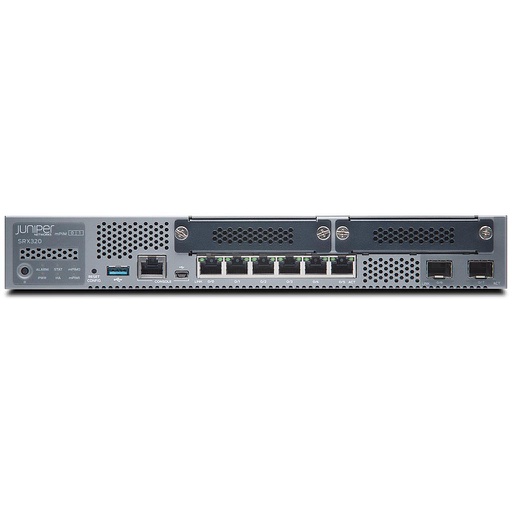 Juniper SRX320 Firewalls include hardware (8GbE, 2x MPIM slots, 4G RAM, 8G Flash, power adapter and cable) and Junos Software Base (firewall, NAT, IPSec, routing, MPLS and switching). RMK not included.